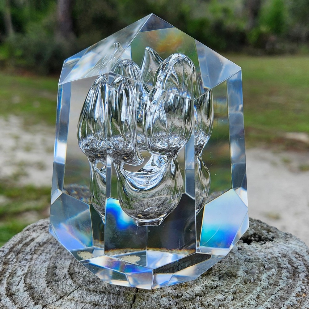 MCM Crystal Orchid Paperweight Clear Prism Art Glass Sculpture Signed